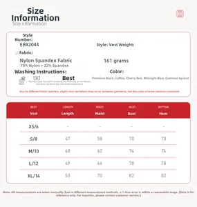 Size chart for yoga tank top showing measurements for nylon and elastane athletic vest