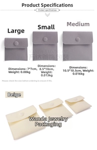 Detailed size comparison table for beige velvet jewelry pouches with snap buttons