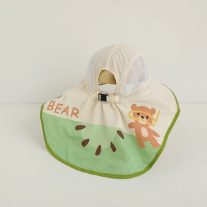 Detail of children sun hat featuring breathable mesh top and protective neck flap