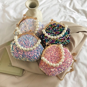 Sparkly sequin mini round bags in four colors with pearl handles and metal chains