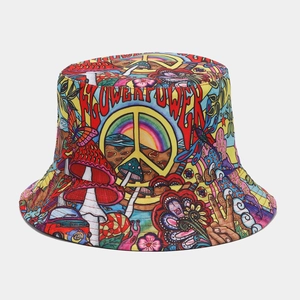 Detail showing colorful hippie patterns and FLOWER POWER print on canvas bucket hat