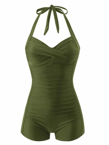 Detail of army green one-piece swimsuit with halter neck and ruched slimming belly control