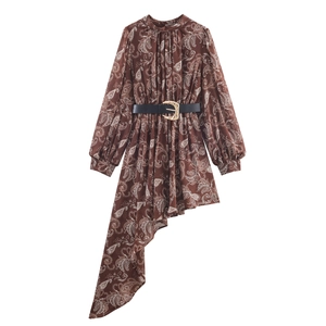 Vestito Lungo In Chiffon Da Donna Con Stampa Paisley Maniche Lunghe Collo Alto Orlo Asimmetrico E Cintura Stile Boho