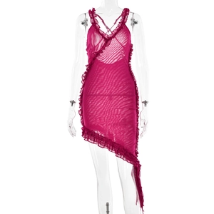 Detail of rose red mesh summer dress featuring ruffled V-neck and asymmetric frill hem