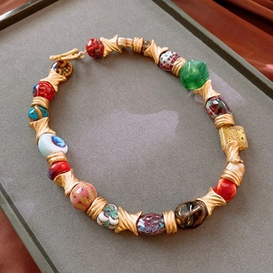 Artistic vintage ceramic beaded necklace with colorful stones and gold OT buckle detail