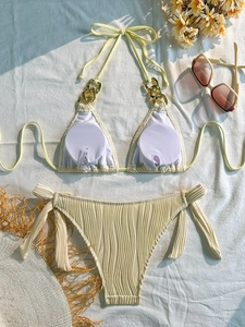 Sexy light yellow triangle bikini set with gold chain straps and ribbed texture fabric