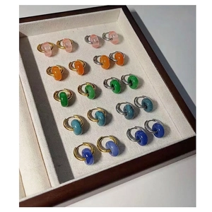 18k gold plated stainless steel hoops with colorful natural stone texture donut charms