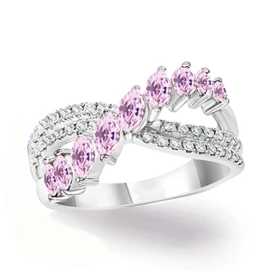 Elegant silver ring with marquise-cut pink gemstones and sparkling side diamonds