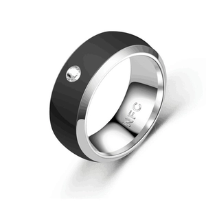 Nahaufnahme des NFC-Smart-Rings aus Titanstahl mit zweifarbigem Schwarz-Silber-Finish.