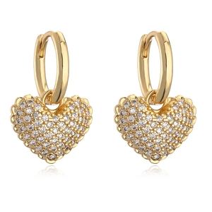 Elegant gold heart hoop earrings with sparkling zircon stones on a clean white background