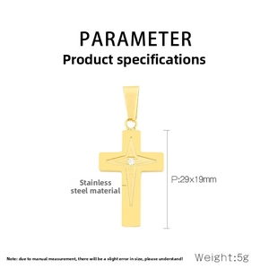Detailed view of gold stainless steel cross pendant with starburst engraving and diamond