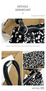 Macro detail of high-density black sequins, silver metal zipper, and leather handle
