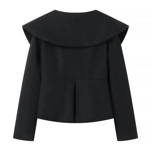 Back view of elegant black short wool coat with large lapel and fitted waist for women