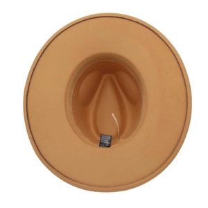 Top view detail of camel wide brim felt fedora hat interior with stitching and inner label