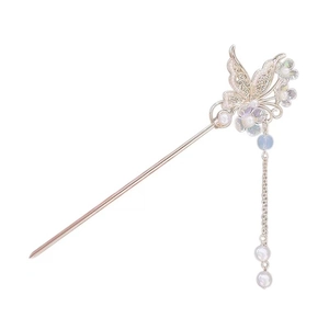 Golden butterfly hair pin with pearls and tassels for traditional Hanfu hairstyles