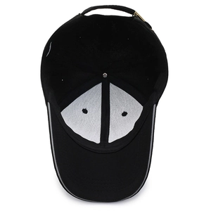 Internal view of black baseball cap showing lining stitching and top metal button detail