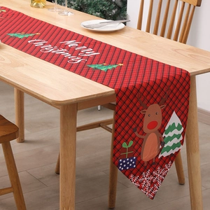 Roter und schwarzer karierter Weihnachts-Tischläufer mit Rentierdruck und Schriftzug