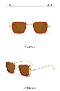 Front and 45-degree angle views of vintage gold metal square frame sunglasses