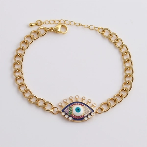 Gold plated evil eye bracelet with colorful zircons and adjustable chain on white background