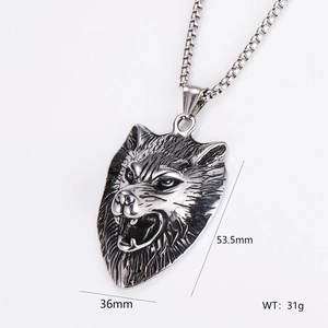 Vintage stainless steel wolf head pendant necklace with engraved silver and black details