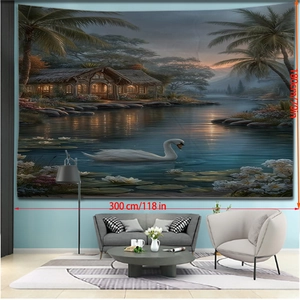 Detaillierte Maße eines Wandteppichs mit tropischem Strandhausmotiv und 300x180cm Größe