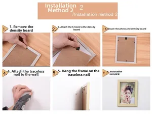 Detailed guide showing 7-inch photo frame wall installation with hooks and seamless nails