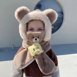Cute bear ear knit hood and scarf set for children in earthy brown plush fabric