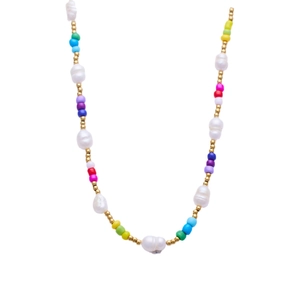 Bohemian choker necklace featuring baroque pearls and colorful beads with gold accents