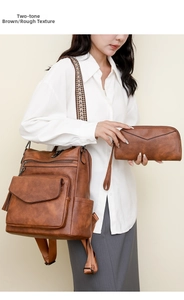 Detail of vintage brown textured leather backpack with ethnic straps and tassel charm