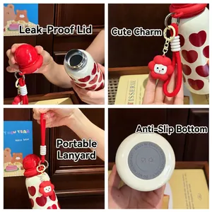 White cartoon stainless steel vacuum flask with red heart and floral charm accessory