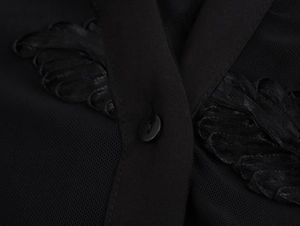 Detail of V-neck collar with mesh fabric, black button, and feather-like pleated textures