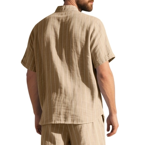 Rear view of khaki vertical striped short sleeve linen shirt and trousers set for men