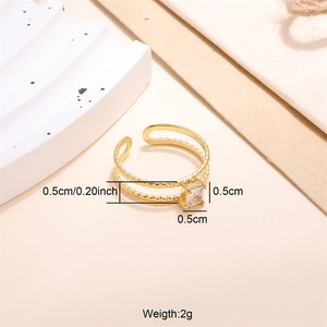 Detail shot of 18K gold plated double layer ring with square cubic zirconia and dimensions