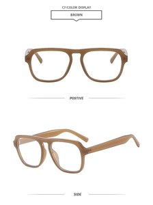 Detail view of bold brown oversized retro frames from front and side angles