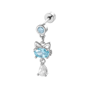 Silver cat dangle belly ring with blue egg-shaped zircon and white teardrop pendant