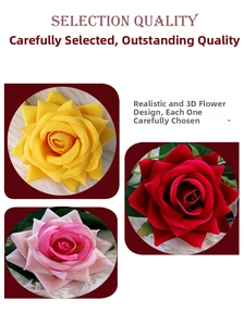 Detail of yellow, pink, and deep red artificial roses with textured silk petals