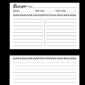 Cartes de recettes minimalistes avec bordure de feuilles et listes d'ingrédients