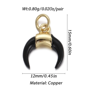 Macro view of gold-plated crescent charm with measurements 15mm by 12mm and copper material