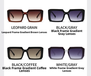 Detail view of four square flat-top sunglasses in leopard, black, and white frames
