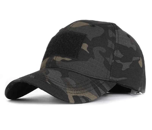 Detail of tactical camo baseball cap showing Velcro patch area and durable fabric texture