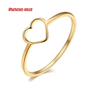 Polished gold stainless steel open heart ring with minimalist hollow design for women
