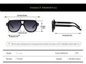 Detailed size guide and measurements for classic double-bridge pilot sunglasses in black