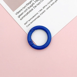 Close-up of a blue paint-coated 25mm round spring carabiner on pink background
