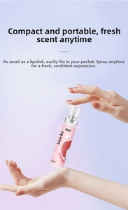 Detail showing hands holding 20ml lychee breath spray bottle with pink finish