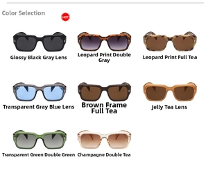 Detailed color chart of large square sunglasses in leopard, black, and jelly tones