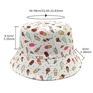 White bucket hat with colorful ice cream print and dimensions 56-58cm for summer sun protection