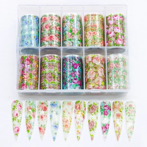 10 colors floral nail transfer stickers set with vivid rose patterns in a clear box