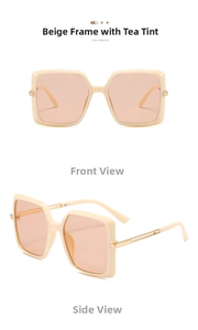 Detail view of beige square sunglasses with tea lenses and gold metallic accents
