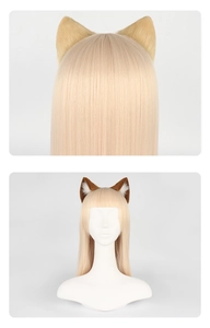 Detail of plush animal cosplay ears on a wig model in beige and deep brown colors