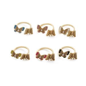 Six colors of gold-plated butterfly zircon rings in a neat 2x3 grid display layout